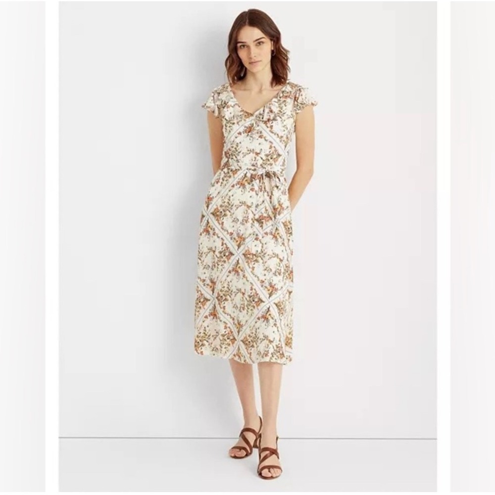 LAUREN Ralph Lauren Floral Print‎ Midi Dress Ruffle V Neck Tie Waist Womens